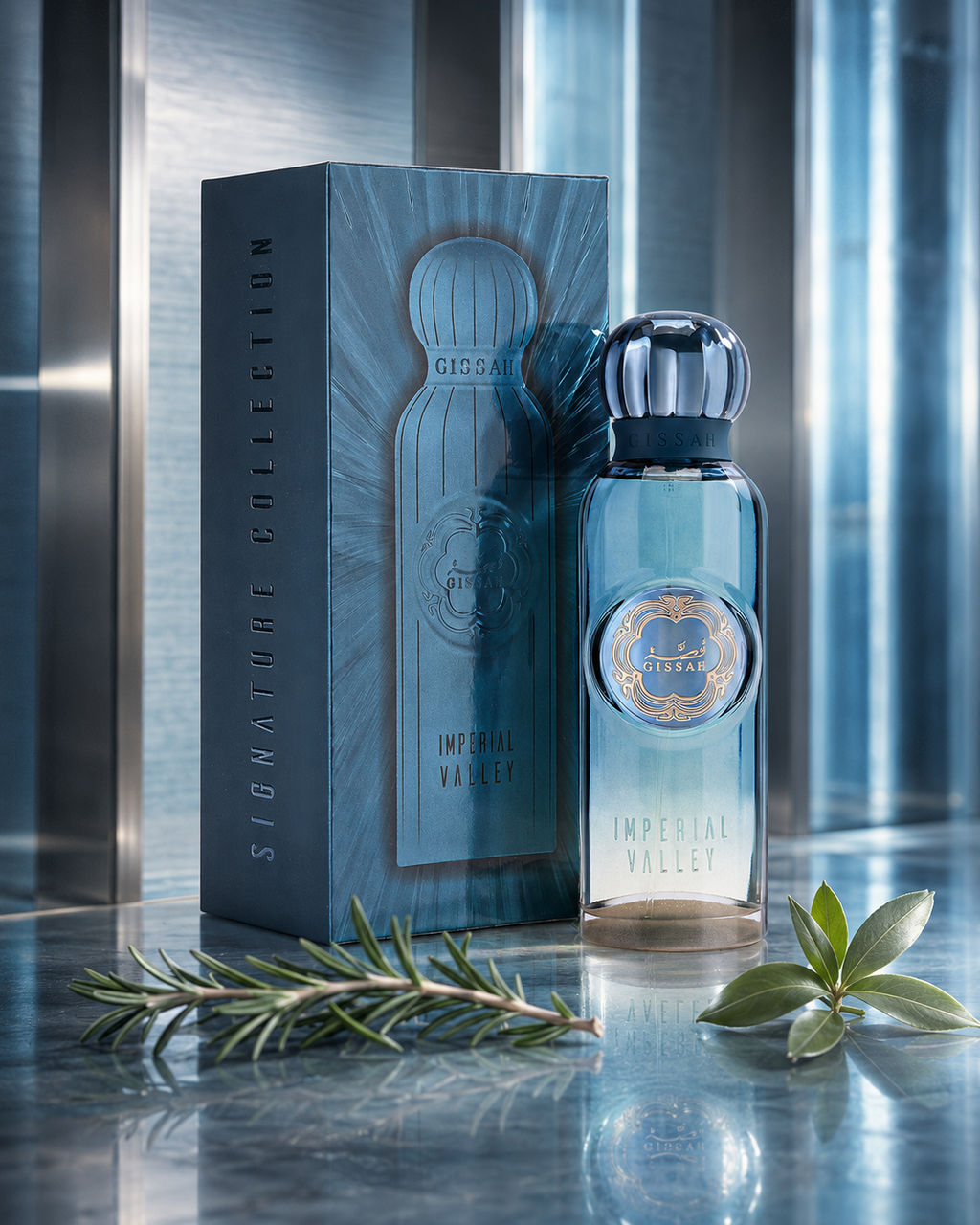 Gissah Imperial Valley Eau de Parfum 200ml - صورة حملة عطرية: 03 campaign blue glass atrium