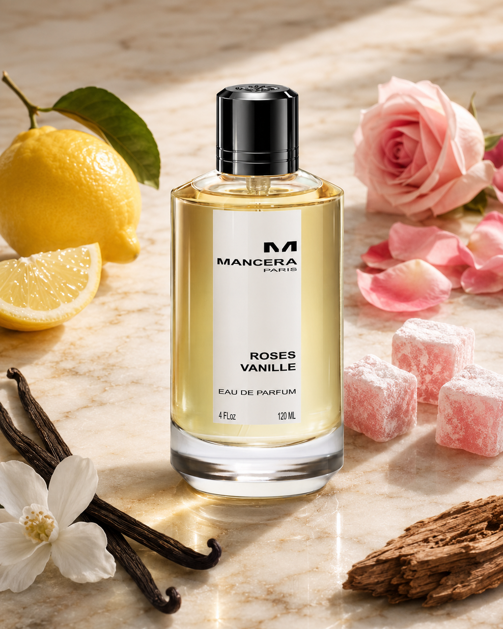 Mancera Roses Vanille Eau de Parfum 120ml - صورة حملة عطرية: 05 campaign gourmand marble