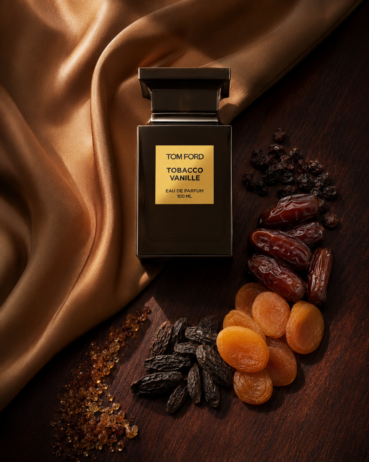 Tom Ford Tobacco Vanille Eau de Parfum - صورة حملة عطرية: 05 campaign dried fruit silk flatlay